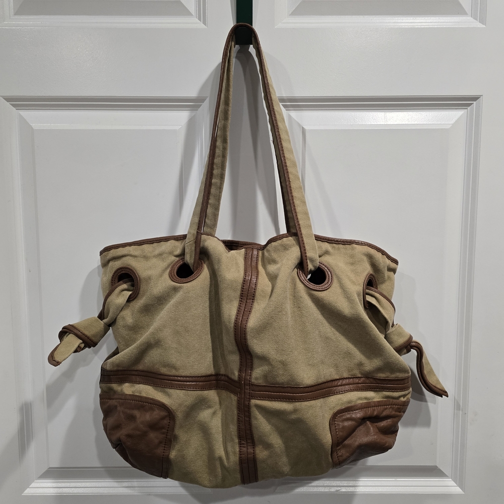 Kooba Canvas Tote Bag Tan Brown Shoulder Straps